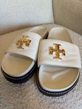 Tory Burch White Leather Slides with Gold Logo Accent